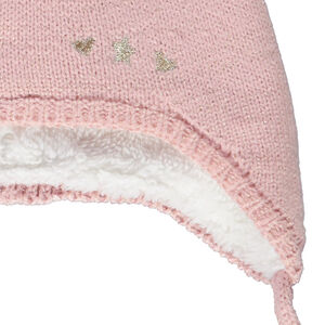 Bonnet en tricot point mousse avec pompon et broderies pour bébé fille 