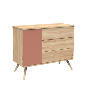 Commode à 3 tiroirs et 1 porte Seventies aspect chêne doré/terracotta 