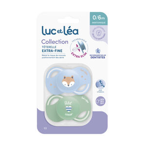 Lot de 2 sucettes silicone Extra-fines 0-6M renard/cœur 