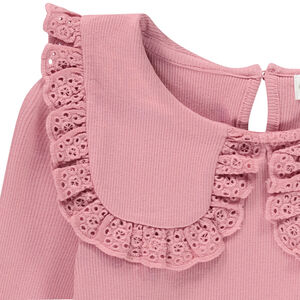 T-shirt manches longues côtelé à col brodé pour fille 