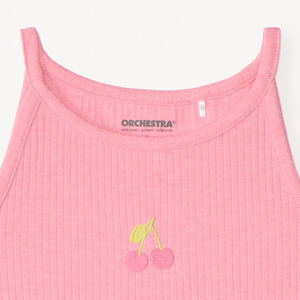 Débardeur court en maille côtelée broderie cerise pour fille 