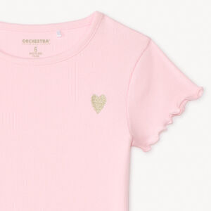 T-shirt manches courtes en maille côtelée uni broderie cœur pour fille 