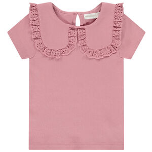 T-shirt manches courtes côtelé à col claudine brodé pour fille 