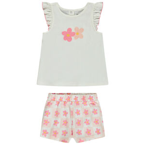 Ensemble 2 pièces imprimé damier et fleurs brodées pour bébé fille 