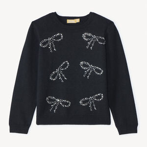Pull tricot noir avec strass en forme de nœuds pour fille  