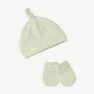 Ensemble bébé garçon bonnet et moufles en maille nid d'abeille 
