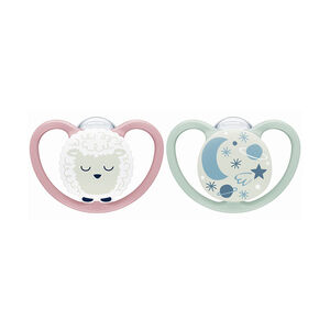 Lot de 2 sucettes en silicone 6-18M Space Nuit mouton/soleil 