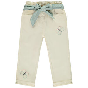 Jean à ceinture foulard et broderies papillons pour bébé fille 