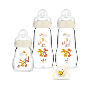 Coffret de 3 biberons en verre + 1 sucette anatomique 