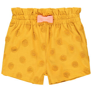 Short jaune à pois en relier et noeud rose 