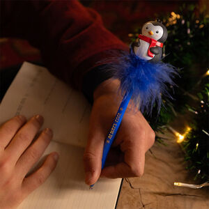 Stylo bille à plumes avec pingouin lumineux bleu 