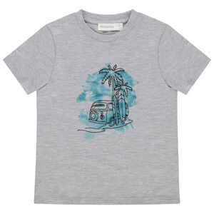 T-shirt manches courtes avec palmiers brodés et fond effet aquarelle 