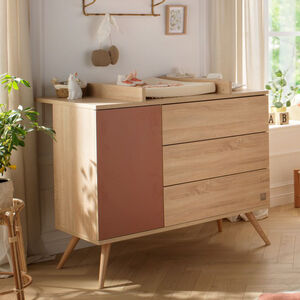 Commode à 3 tiroirs et 1 porte Seventies aspect chêne doré/terracotta 