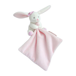 Doudou mouchoir lapin rose dans sa boîte 
