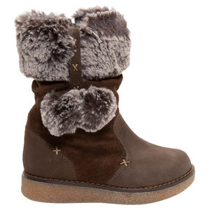 Bottes en cuir bi-matière avec col et pompons en fausse fourrure 