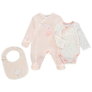 Set de naissance avec dors-bien rose, body imprimé et bavoir 