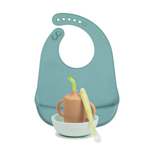Set repas 4 pièces avec bavoir en silicone bleu 