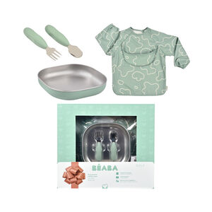 Coffret 1er repas assiettes+ couverts + bavoir vert sauge 