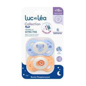 Lot de 2 sucettes silicone Extra-fines Nuit 18M+ lion/éléphant 