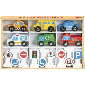 Set de 6 véhicules en bois avec 12 panneaux de signalisation 