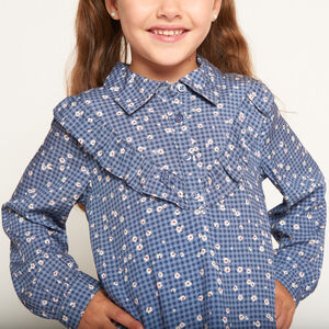 Robe manches longues à carreaux imprimé fleurs pour fille 