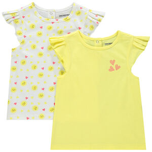 Lot de 2 t-shirts en coton bio uni/imprimé all-over à manches volantées 
