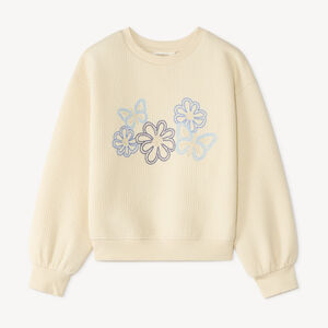 Sweat texturé fille broderies fleuries 