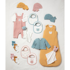 Ensemble bonnet et moufles rose en coton bio naissance 