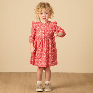 Robe manches longues rouge avec fleurs imprimés pour bébé fille 