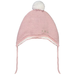 Bonnet en tricot point mousse avec pompon et broderies pour bébé fille 