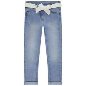 Jean slim effet usé avec ceinture foulard à nouer pour fille  