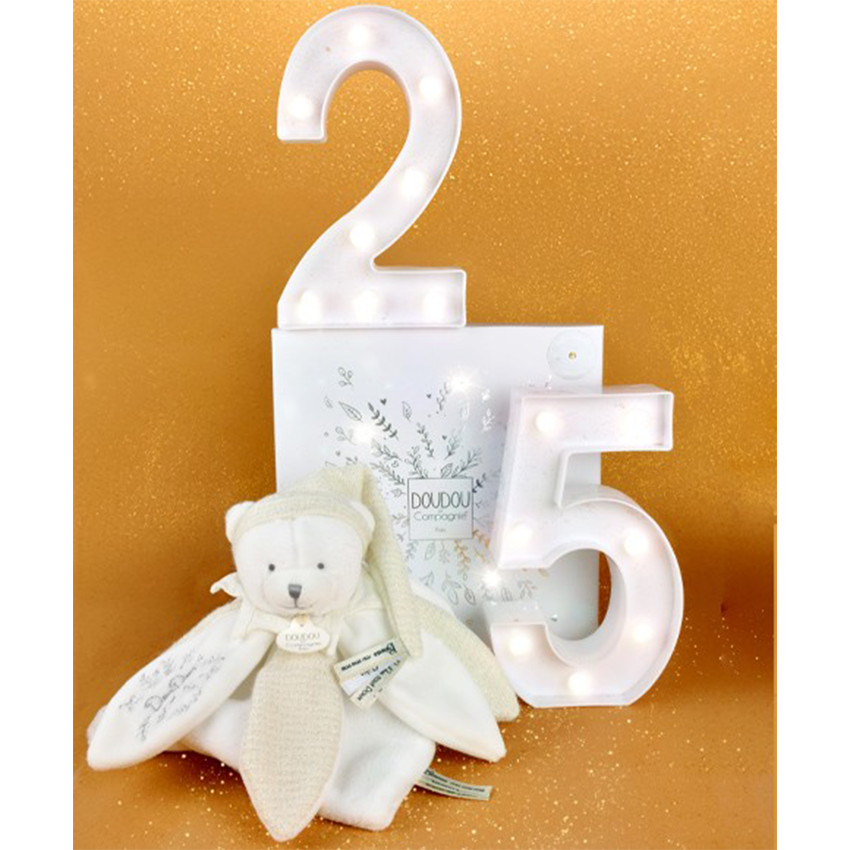 Doudou plat pétales ours 25cm Collector 25 ans Blanc 