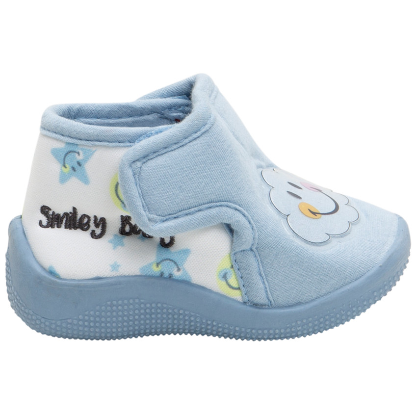 Chaussons bleus en jersey avec patch nuage plastifié et imprimé Smiley