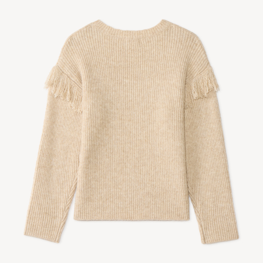 Pull tricot fille à franges lettrage en cording 