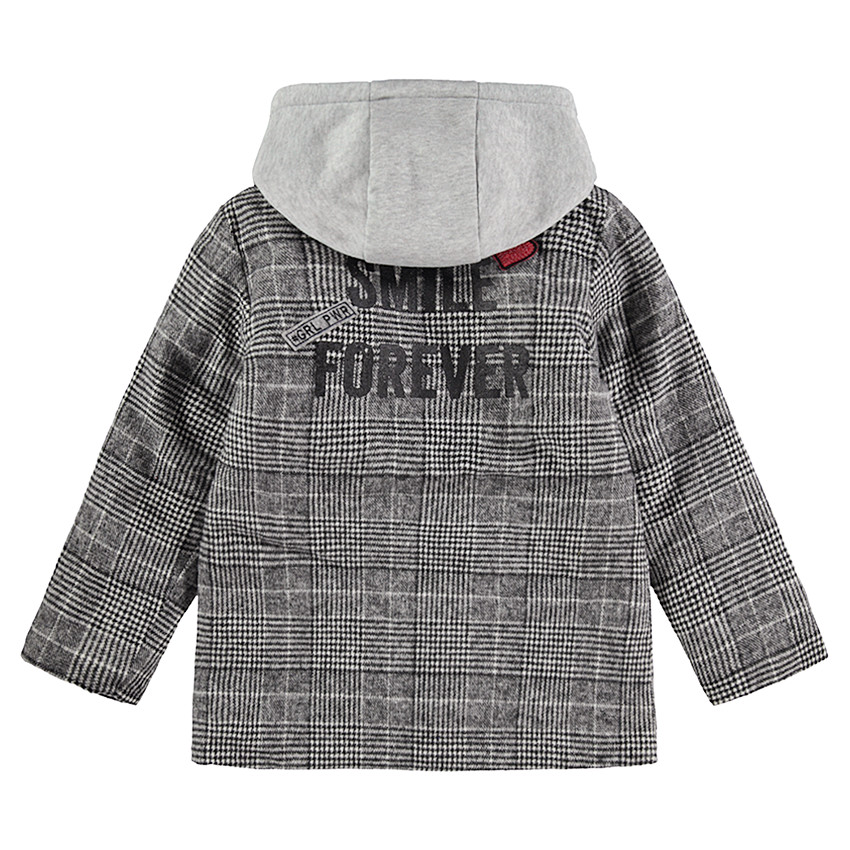 Junior - Manteau en drap de laine Pince de Galles avec textes printés et badges Smiley 