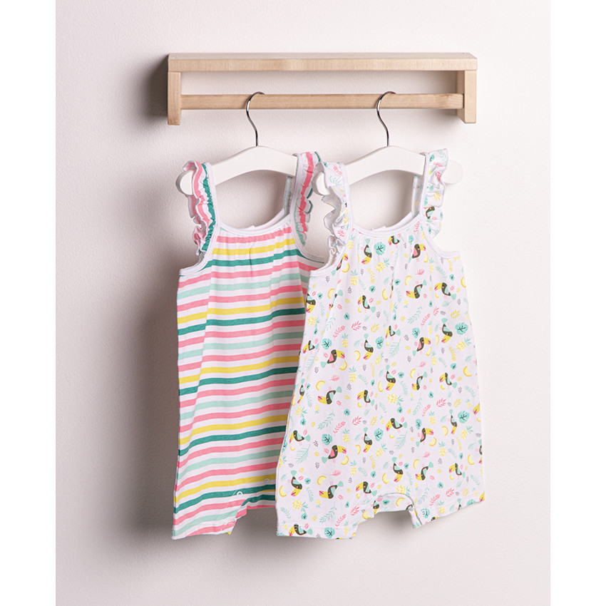 Lot de 2 combinaisons courtes à bretelles volantées imprimée / rayée 