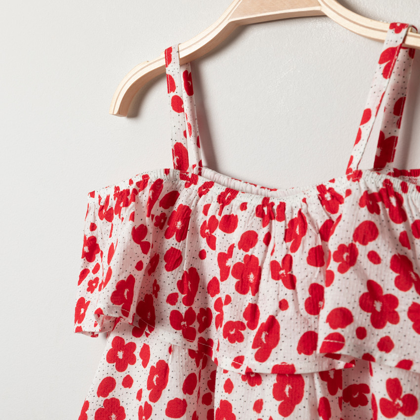 Robe blanche volantée imprimée fleurs rouges pour fille 