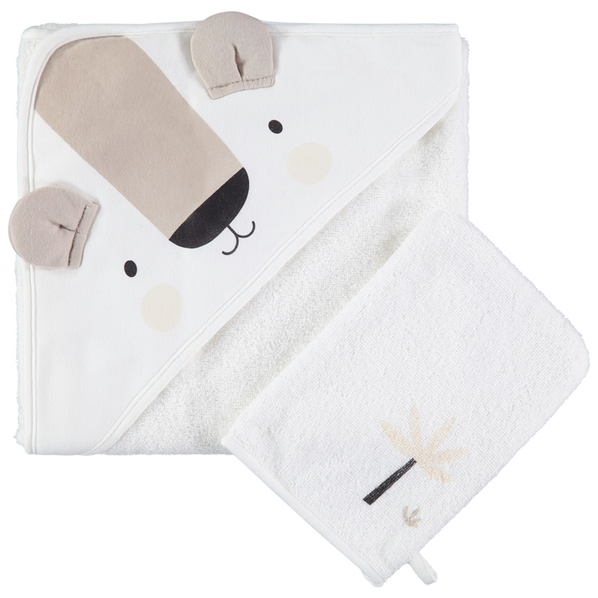 Set de bain en coton avec cape koala et gant assorti en éponge 