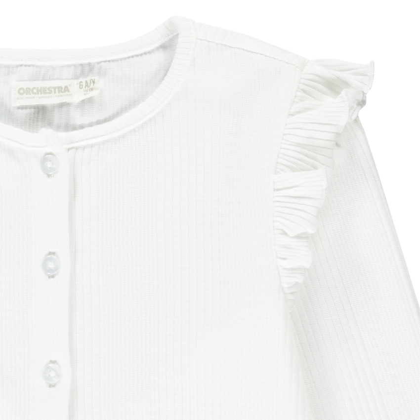 Gilet manches longues uni en maille côtelé et volants pour fille 