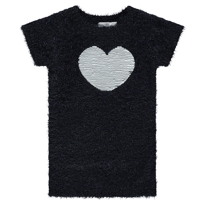 Robe manches courtes en tricot poil avec coeur en sequins magiques 