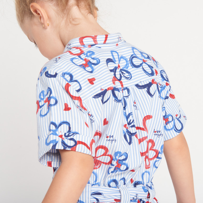 Robe chemise manches courtes imprimée fleurs avec rayures pour fille 