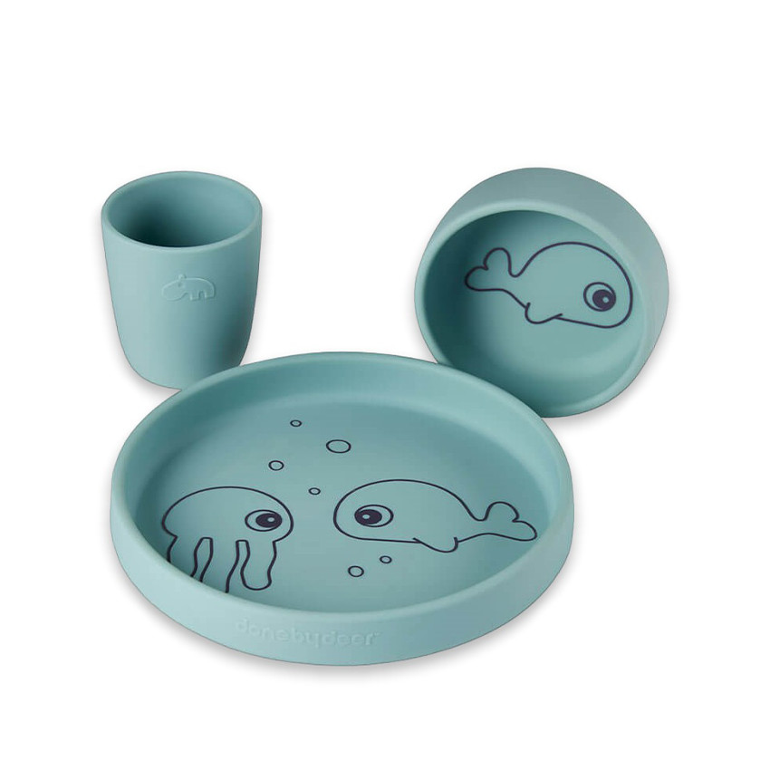 Ensemble assiette, bol et verre en silicone - Bleu