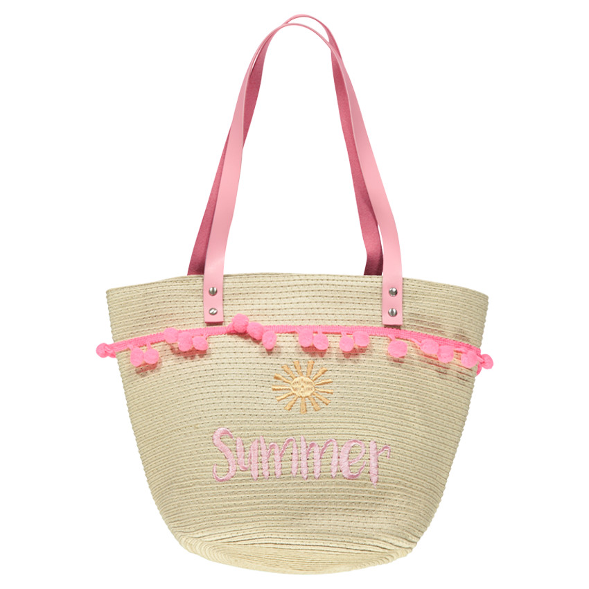 Sac en paille avec message brodé et anses roses 