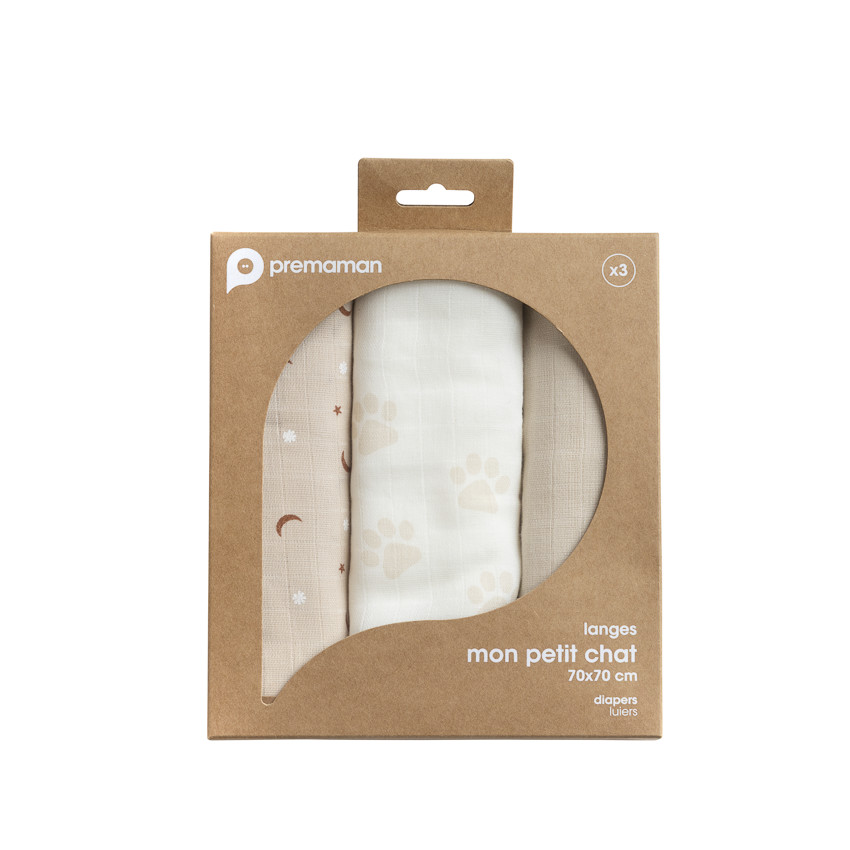 Lot de 3 langes en gaze 70 x 70 cm Mon Petit Chat - Beige (Prémaman) - Image 4