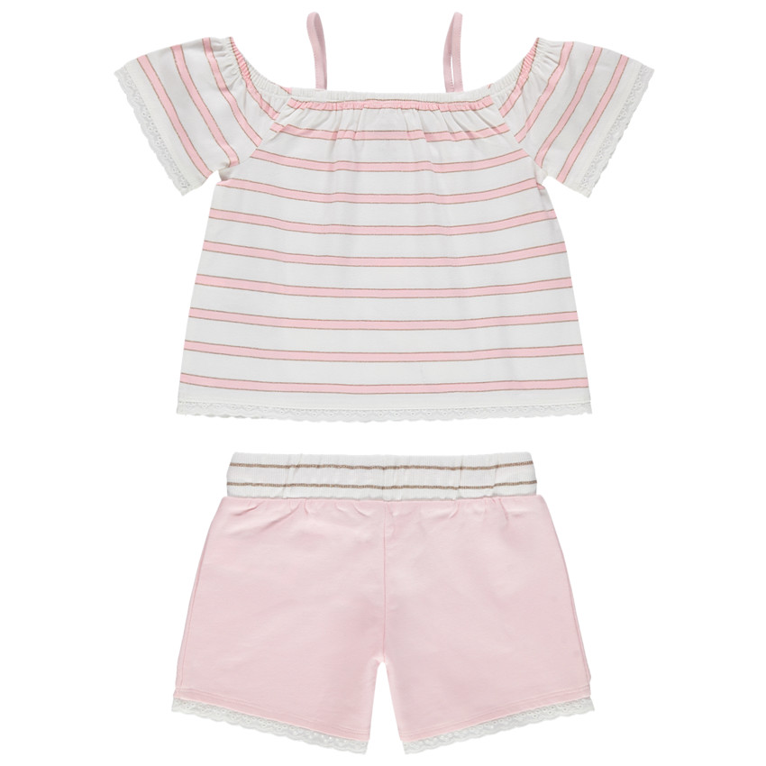 Ensemle avec top à rayures print cygne et short rose 
