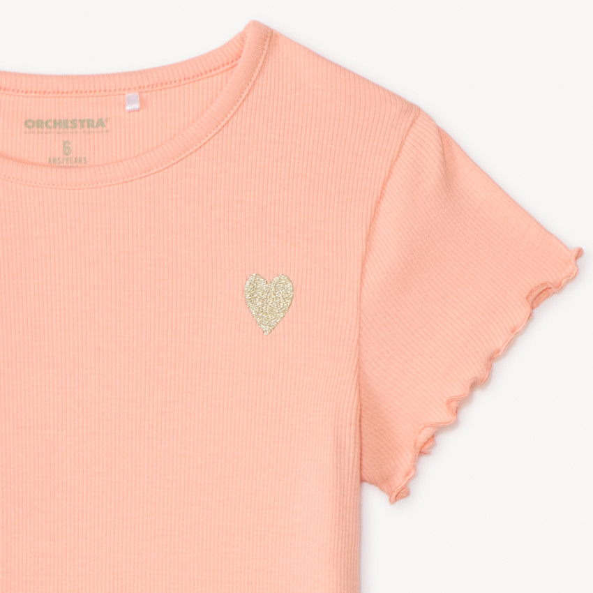 T-shirt manches courtes en maille côtelée uni broderie cœur pour fille 