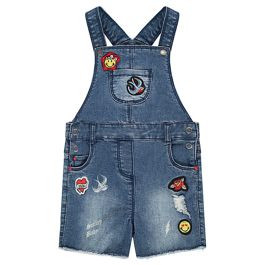 Salopette short en jeans used avec badges patchés Smiley Baby 