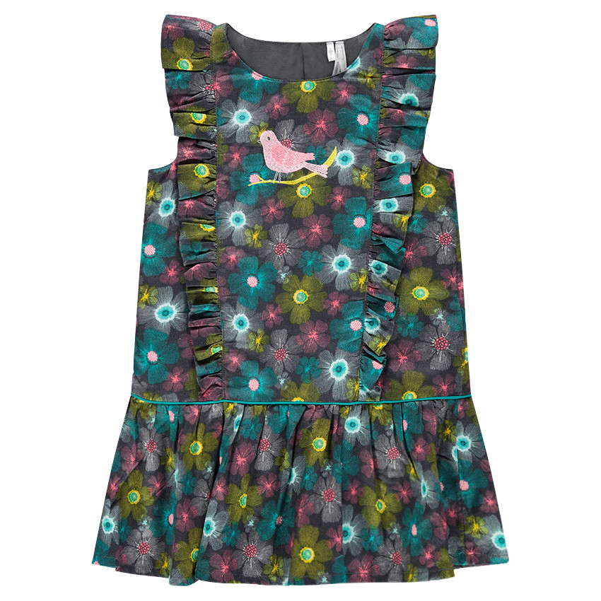 Robe sans manches à fleurs all-over et oiseau brodé 