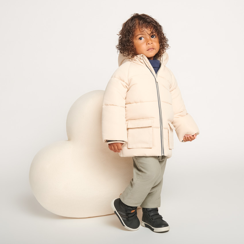 Doudoune longue manches longues en sherpa + capuche pour bébé garçon 