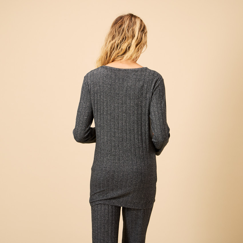 Set pyjama 2 pièces uni effet côtelé pour femme 